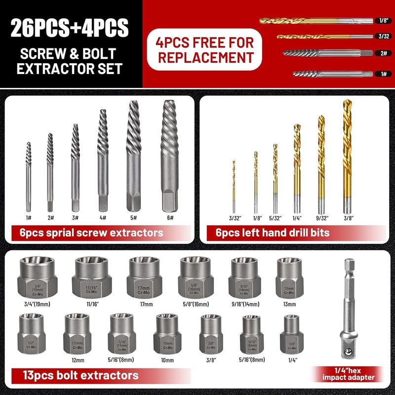 DUDDOO 30PCS Screw Extractor Set & Bolt Extractor Set, Left Hand Drill Bit Set, Easy Out Extractor Set，Stripped Bolt Remover Tools，Cobalt HSS Steel Kit for Damaged, Rounded-Off Bolts, Screws, Nuts, Studs - Image 2